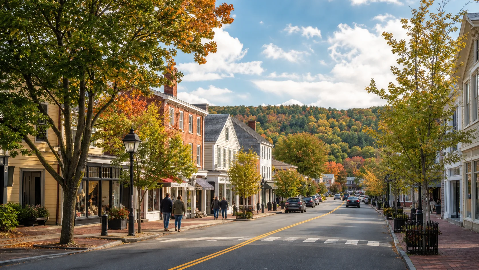 A tree-lined Connecticut town center with historic storefronts and autumn foliage.