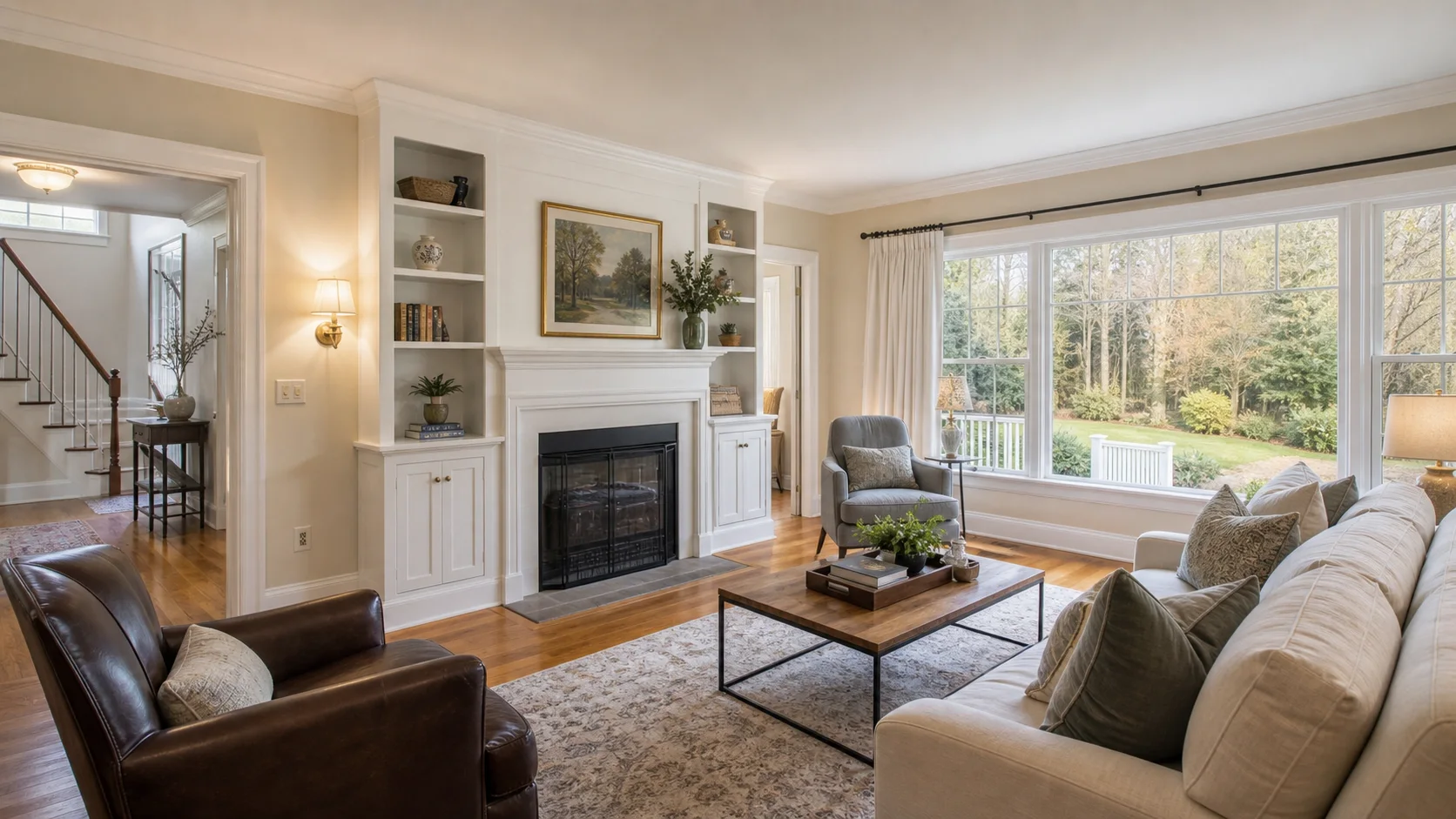 A bright, well-kept Connecticut living room with a fireplace, hardwood floors, and large windows.